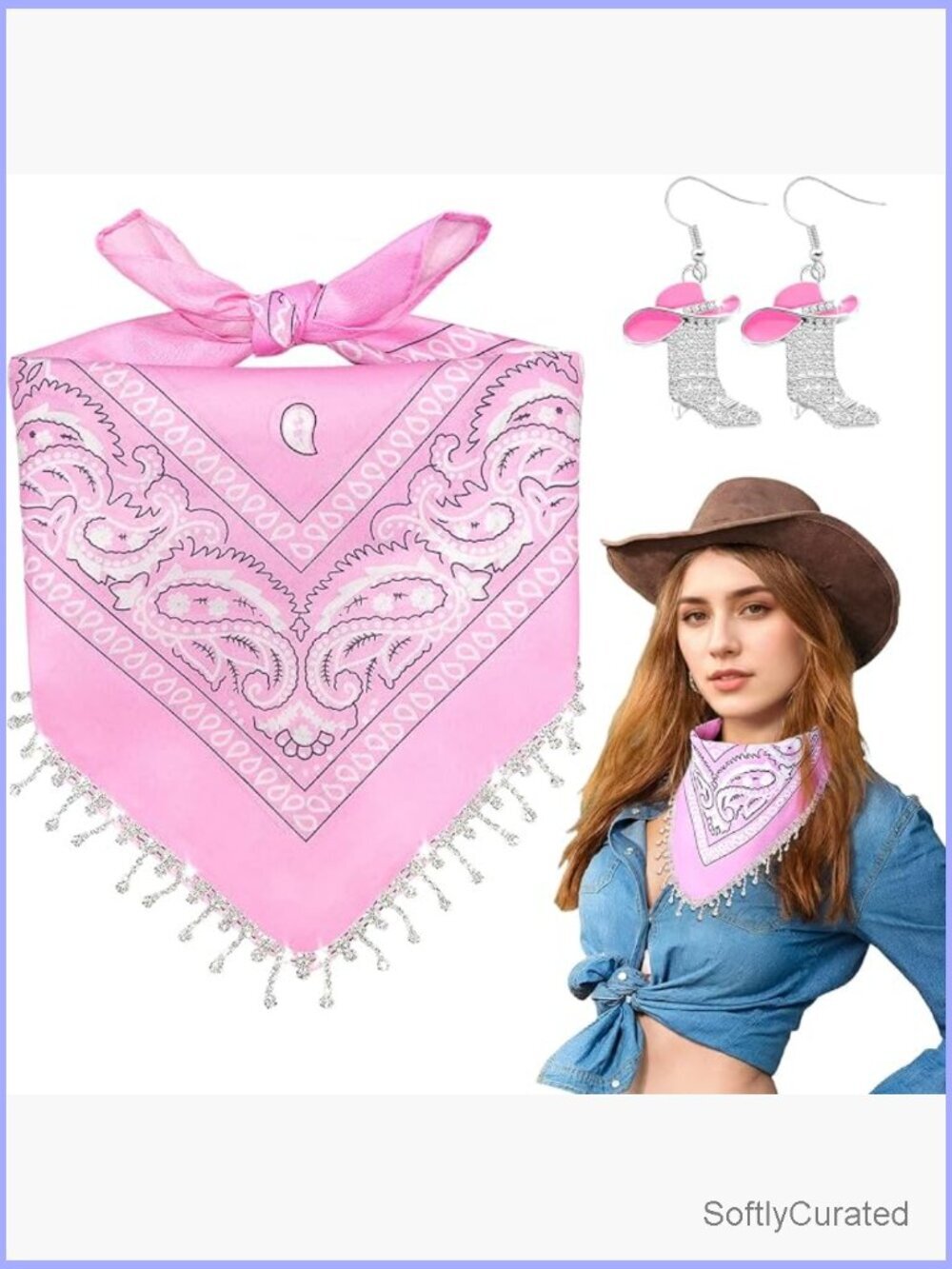 Fringe Rhinestone Bandana with Cowgirl Boots Earrings, Disco Tassel Kerchief